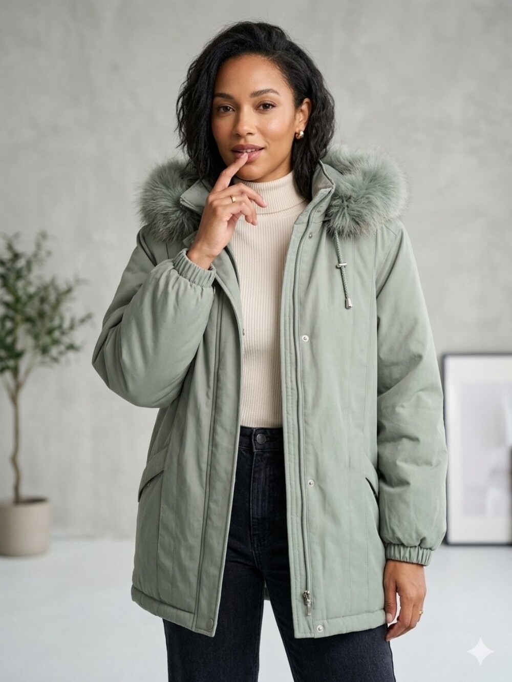 Vtg Bromley Sport Jacket Sage Green Fur Trim Hood PM
